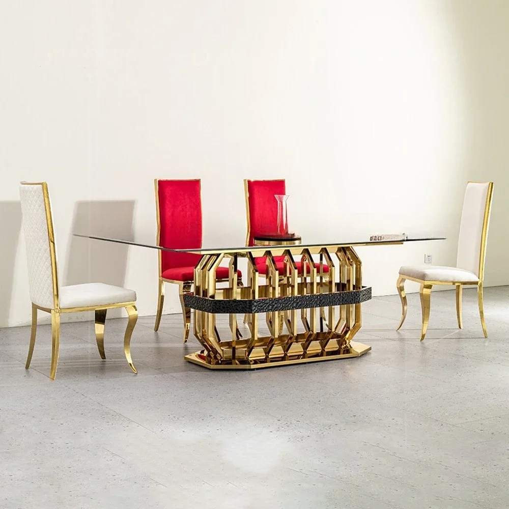 Light luxury tempered glass dining table rectangular luxury stainless steel dining table and chair set