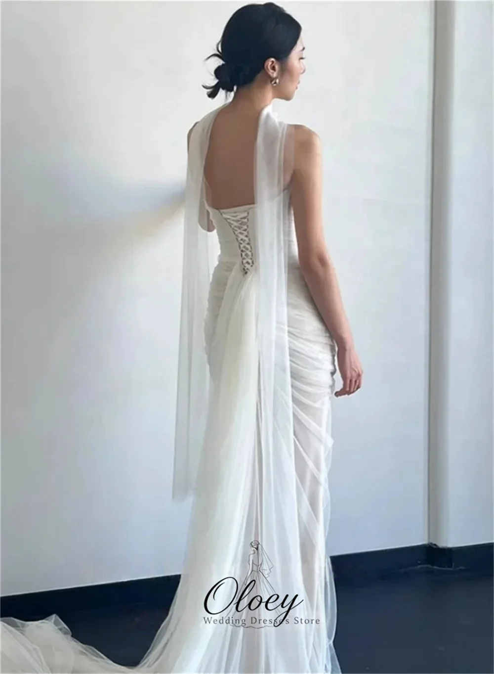 OLOEY Elegant Tulle Strapless Korea Wedding Dress Photo Shoot Mermaid With Long Sash Bridal Gown Customized Garden Wedding Dress