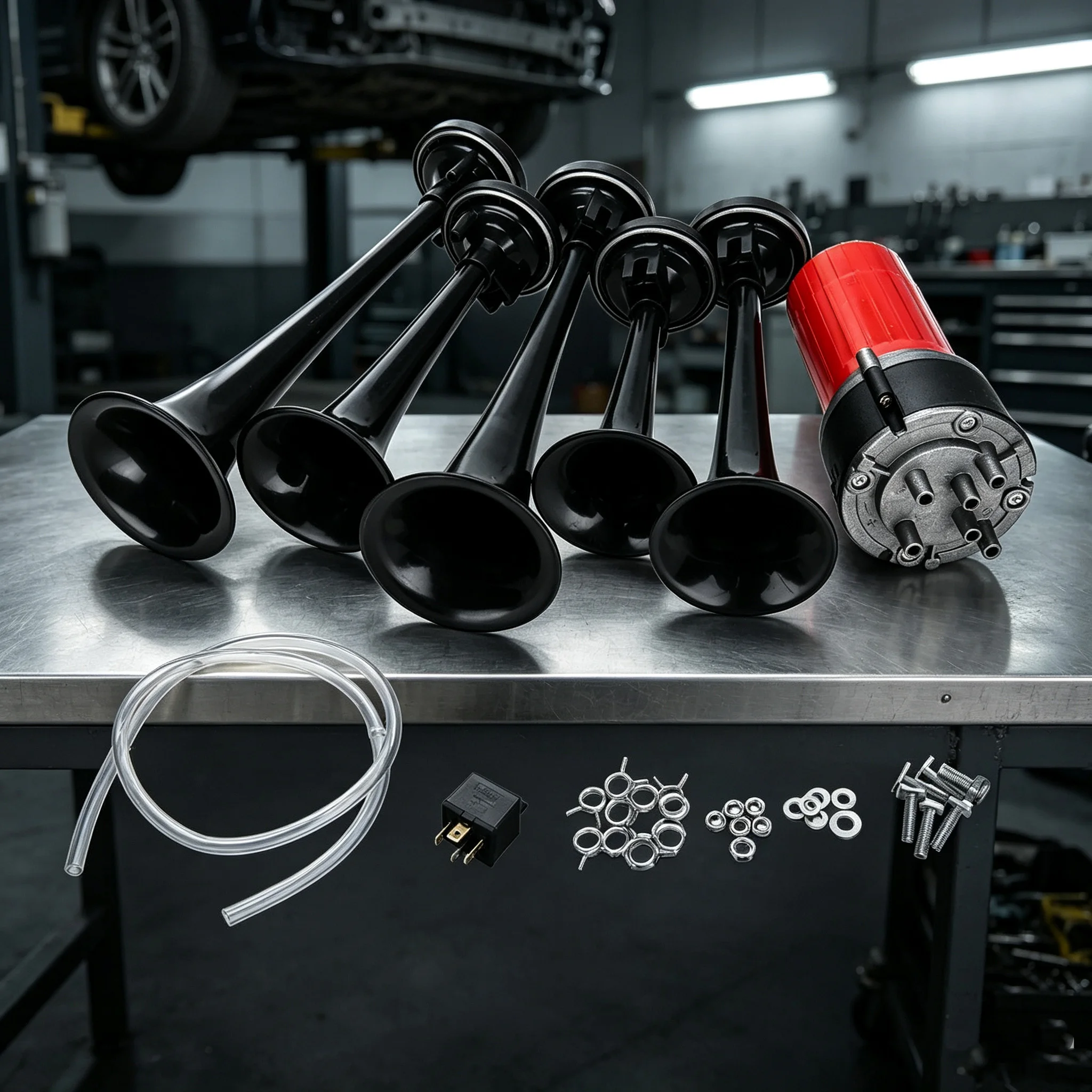 New Black 5-Trumpet Air Horn Compressor Universal 12V 125dB DIXIE Musical Air Horn Dukes of Hazzard General-Lee Car Truck Boat