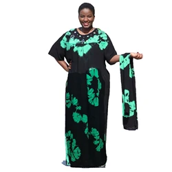 Short sleeve 100% Cotton fashion ladies African Tie die summer batik dress green SAMIRAA with head scarf  coverchief