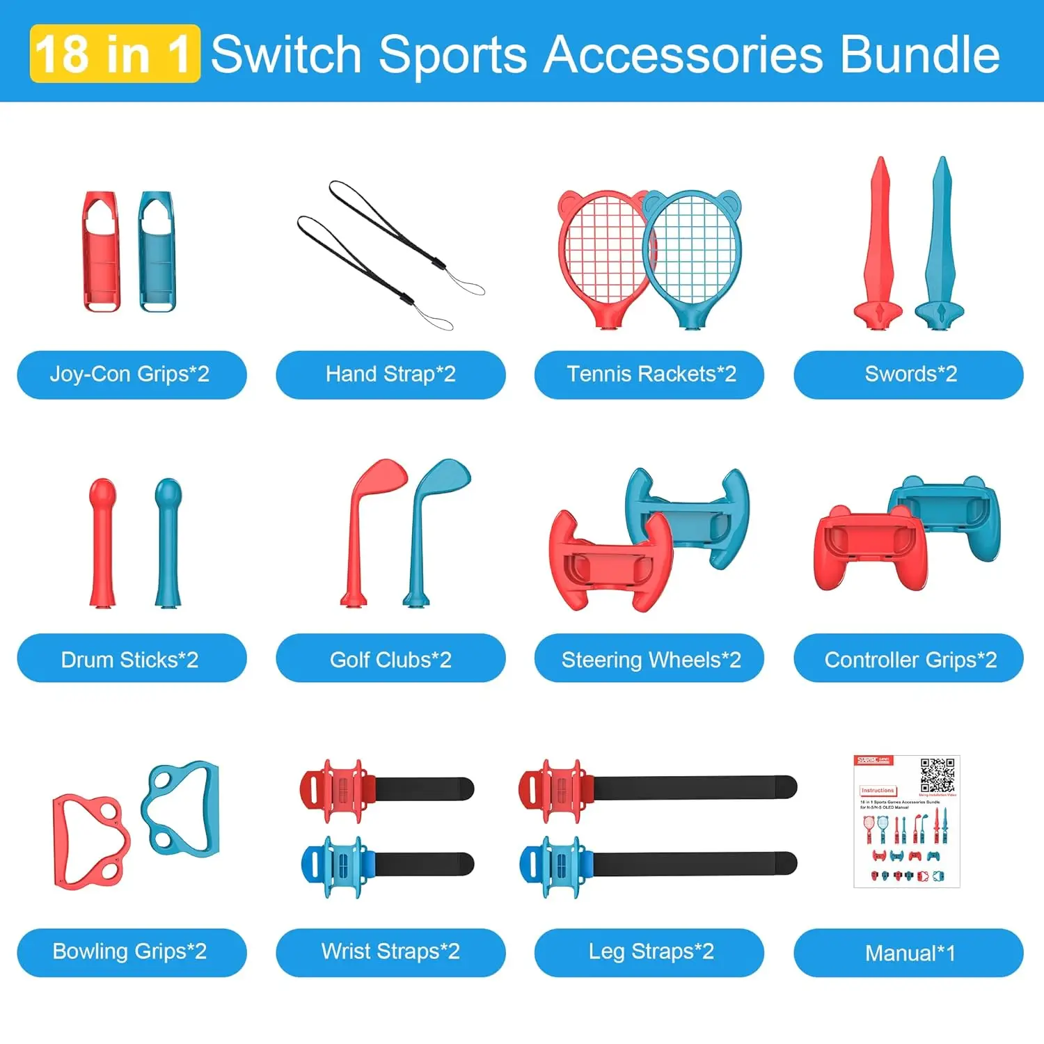 

18 in 1 Sports Accessories Kit for Nintendo Switch/OLED, Family Accessories Bundle Kit for Switch Sports Games with Golf Clubs