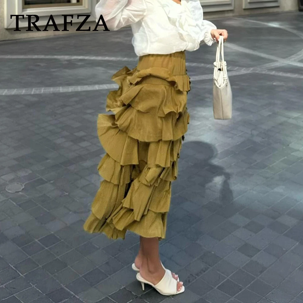 

TRAFZA Vintage Tierred Elegant Casual Army Green Woman Long Skirts Fashion 2025 Chic Streetwear Elastic Waist Mujer Midi Skirts