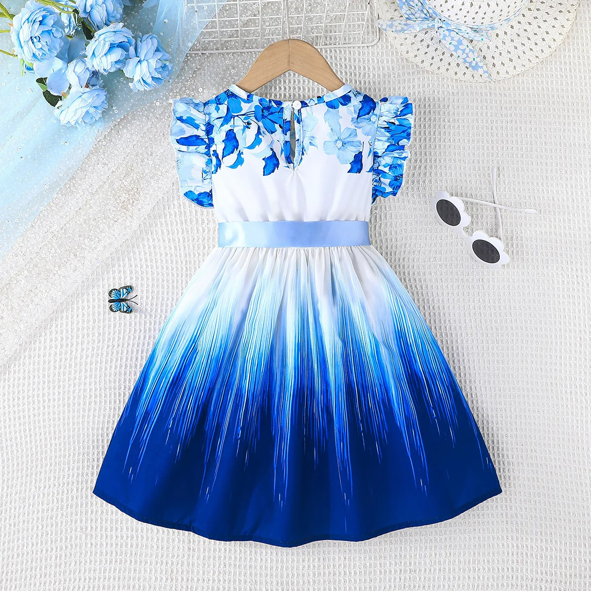 2025 New Arrival Girls Sleeveless Ruffles Print Floral Sashes Tie-dye Blue Cute Holiday Night Party Princess Dress Custume 8-12T