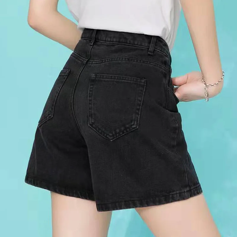 Shorts Damen Vintage Retro College American Denim Hohe Taille Weites Bein Kordelzug Loose Fit Campus Sports Style Trend