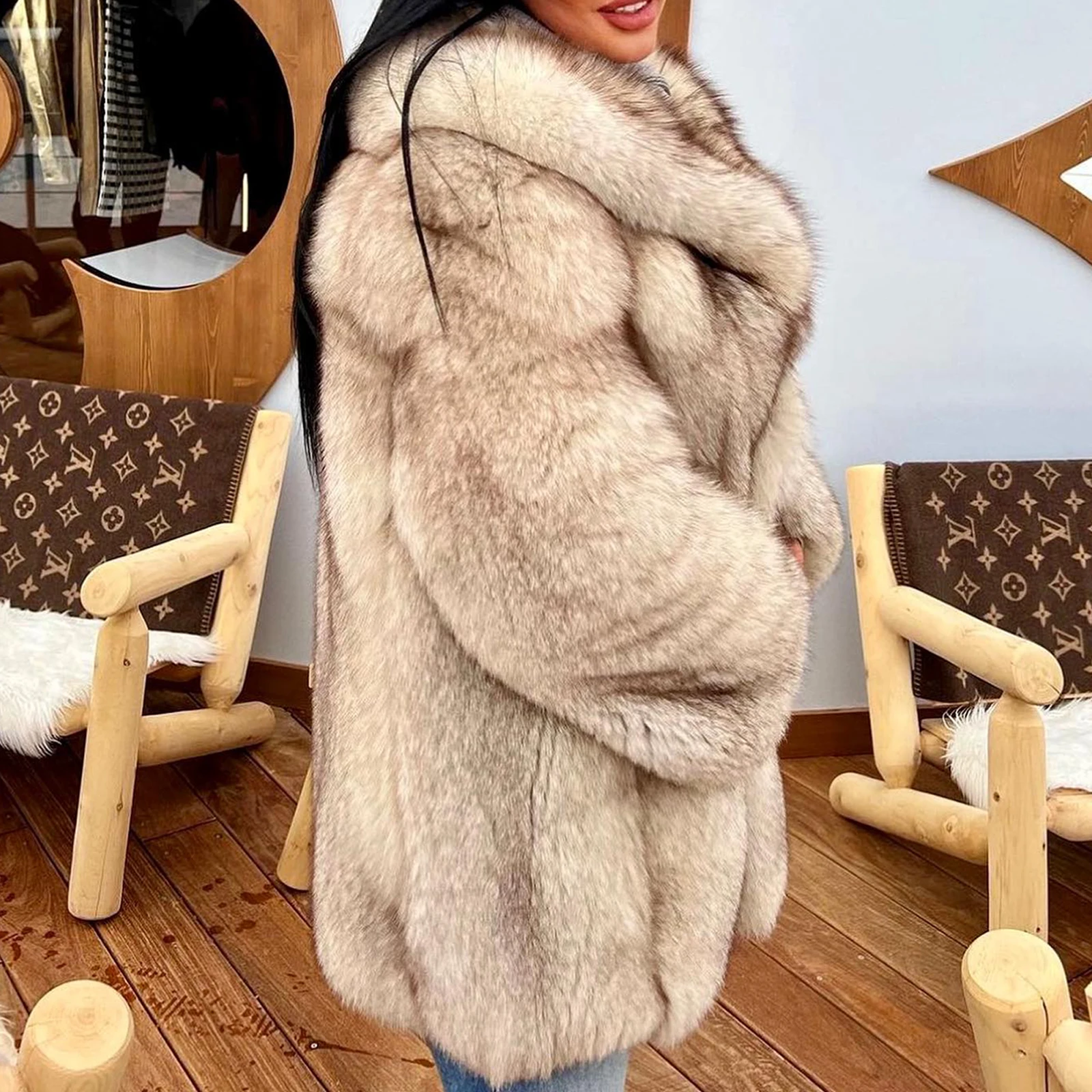 Mid-length Natural Blue Fox Fur Jacket Lapel Collar Winter Fashion Woman Whole Skin Genuine Fox Fur Coat Female Outwear Trendy