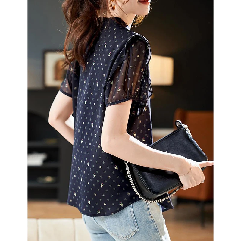 Moda O-Collo Stampato Increspature Polka Dot Camicie Abbigliamento donna 2025 Estate Nuovo Allentato Manica corta All-match Top Camicette coreane