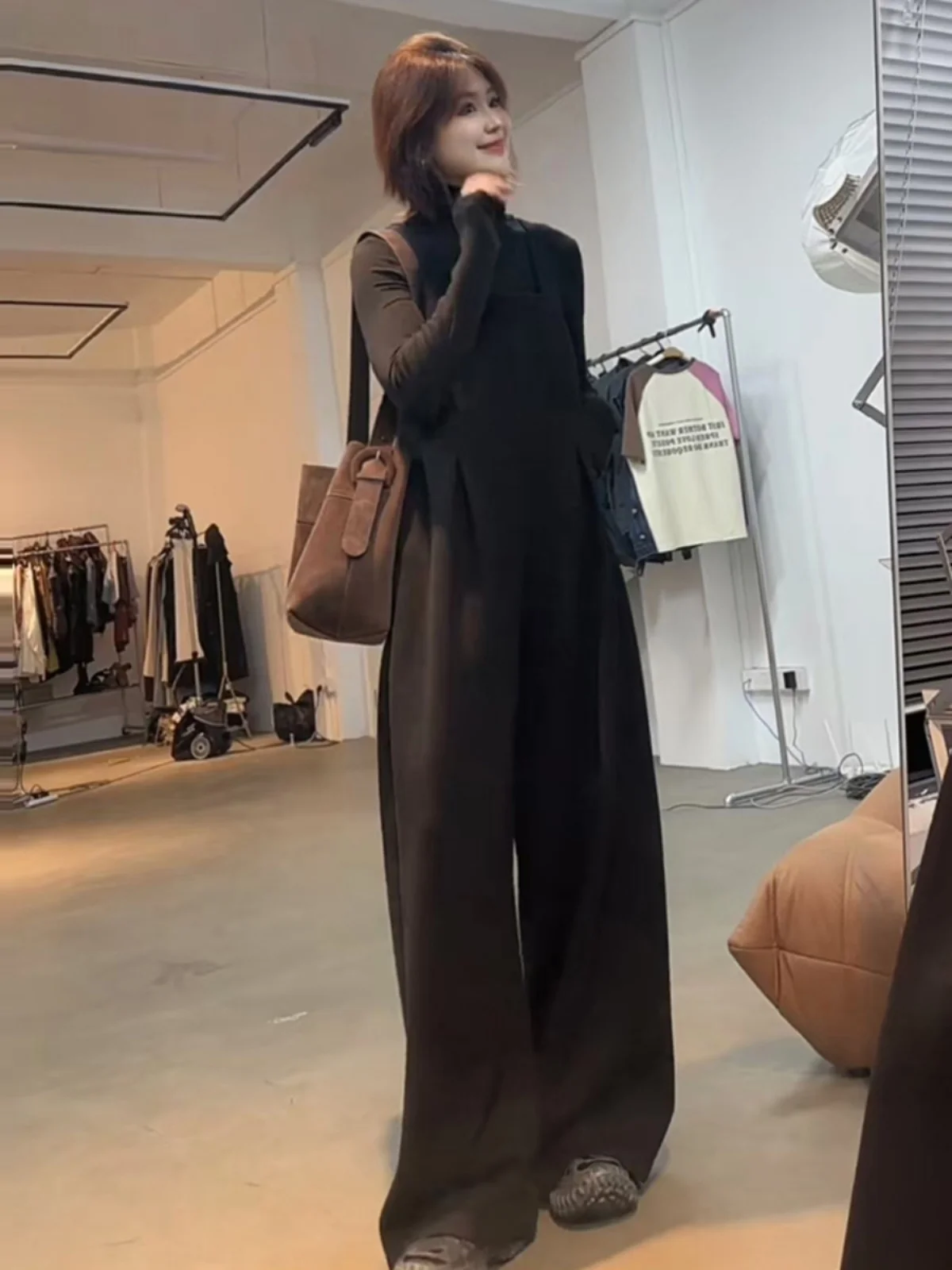 Faionable Wide Leg Overalls Women's Loose Design Sensation Spring Autumn New Sle Pleated Streetwear High Waist Trousers