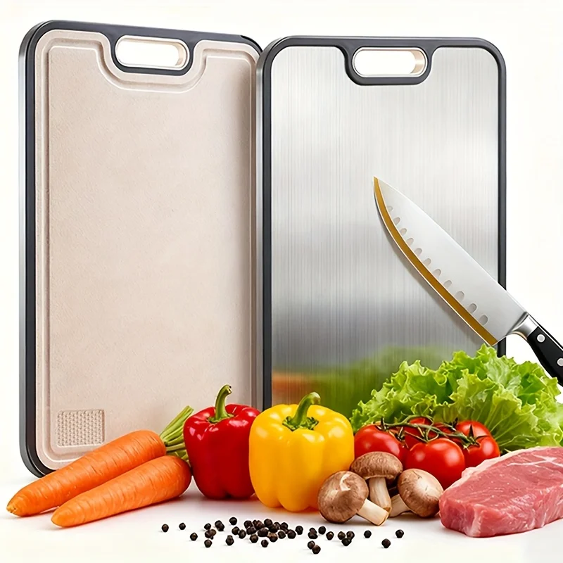 

Double Sided Food Grade Cutting Board for Kitchen, Made Of Stainless Steel And Wheat Straw PP Panel, Non Slip And Durable, Easy to Clean. Large Size 16 Inches X 11 Inches