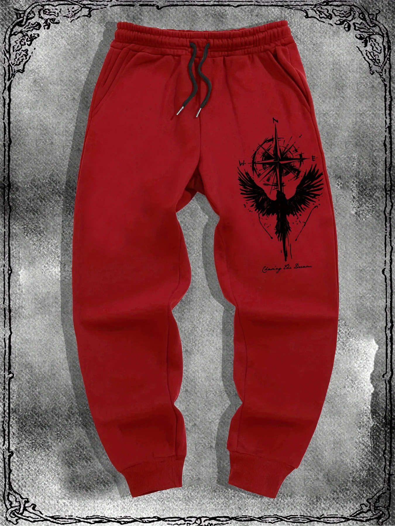 Men Gothic Eagle Compass Cross Graphic Jogger Pants Elastic Waist Drawstring Sweatpants Loose Dark Aesthetic Streetwear Trousers