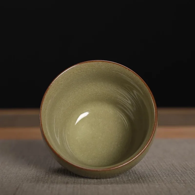 Longquan Celadon Ge Kiln Fish Roe Pattern Tea Cup Small and Evenly Split Ceramic Egg Shaped Cup Master Cup Handcrafted Teacup