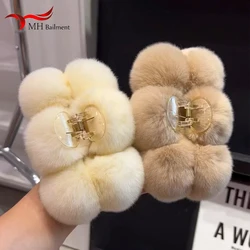 New 100% Real Rex Rabbit Fur Big Hair Clip For Women Furry Claw Cute Plush Ponytail Hair Barrettes Female Accessories