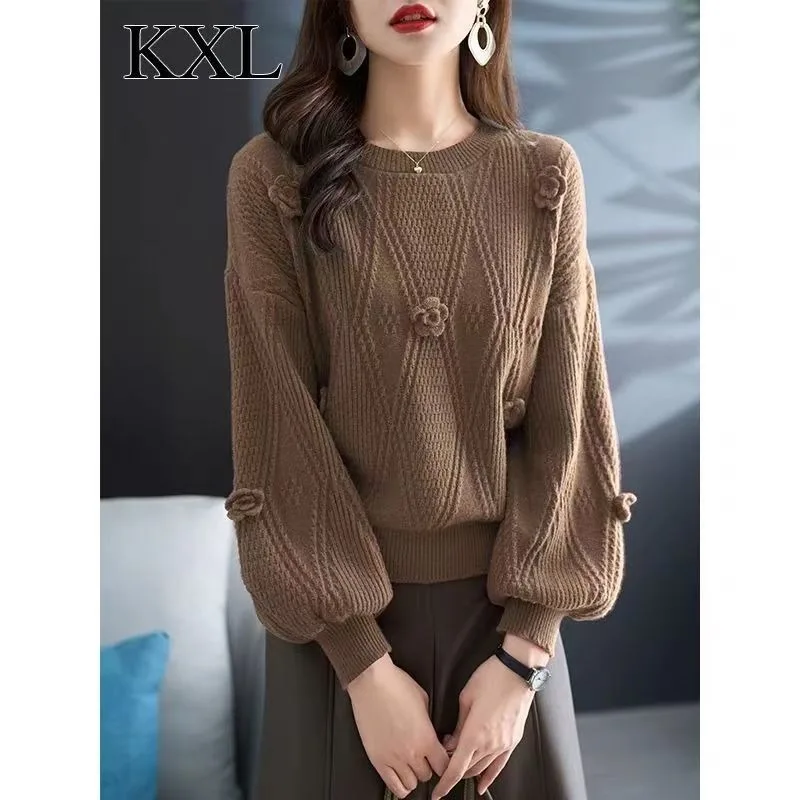 زهرة الخريف والشتاء قاع قميص سترة قاع فانوس فضفاض بلون جولة الرقبة البلوز قمة الموضة