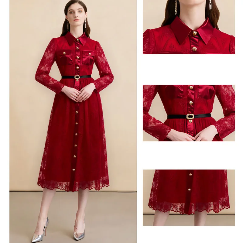 여성용 드레스 신상 긴 소매 턴다운 칼라 레이스 여성 드레스 우아한 슬림 레드 드레스 여성 여름 드레스 Q1954