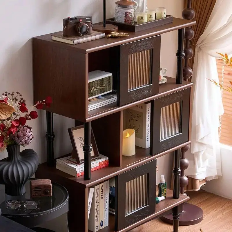 Solid wood bookcase locker integrated living room storage cabinet black coffee color matching door multi-layer shelf functional