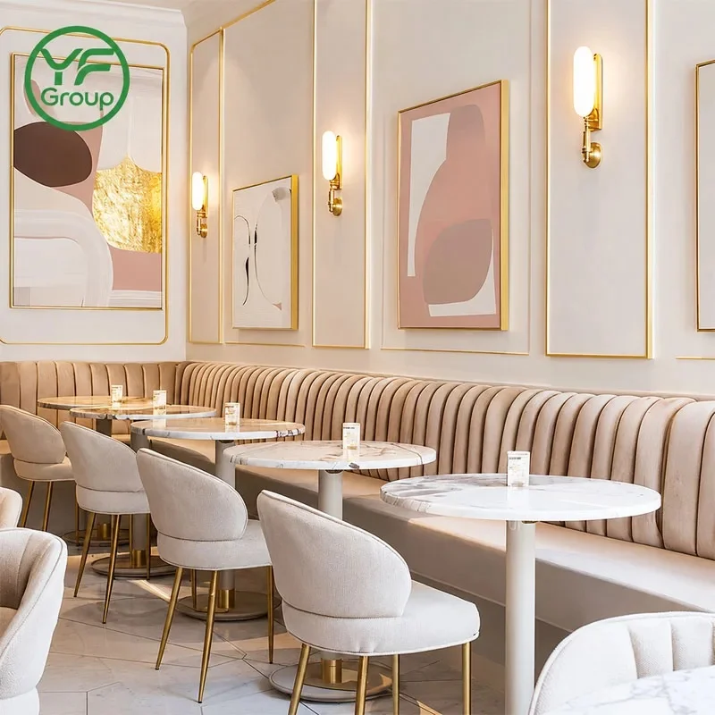 Custom Upholstered Restaurant Furniture White Booth Seating Set for Hotel Cafe Bistro Commercial Wooden Table Chair Sets