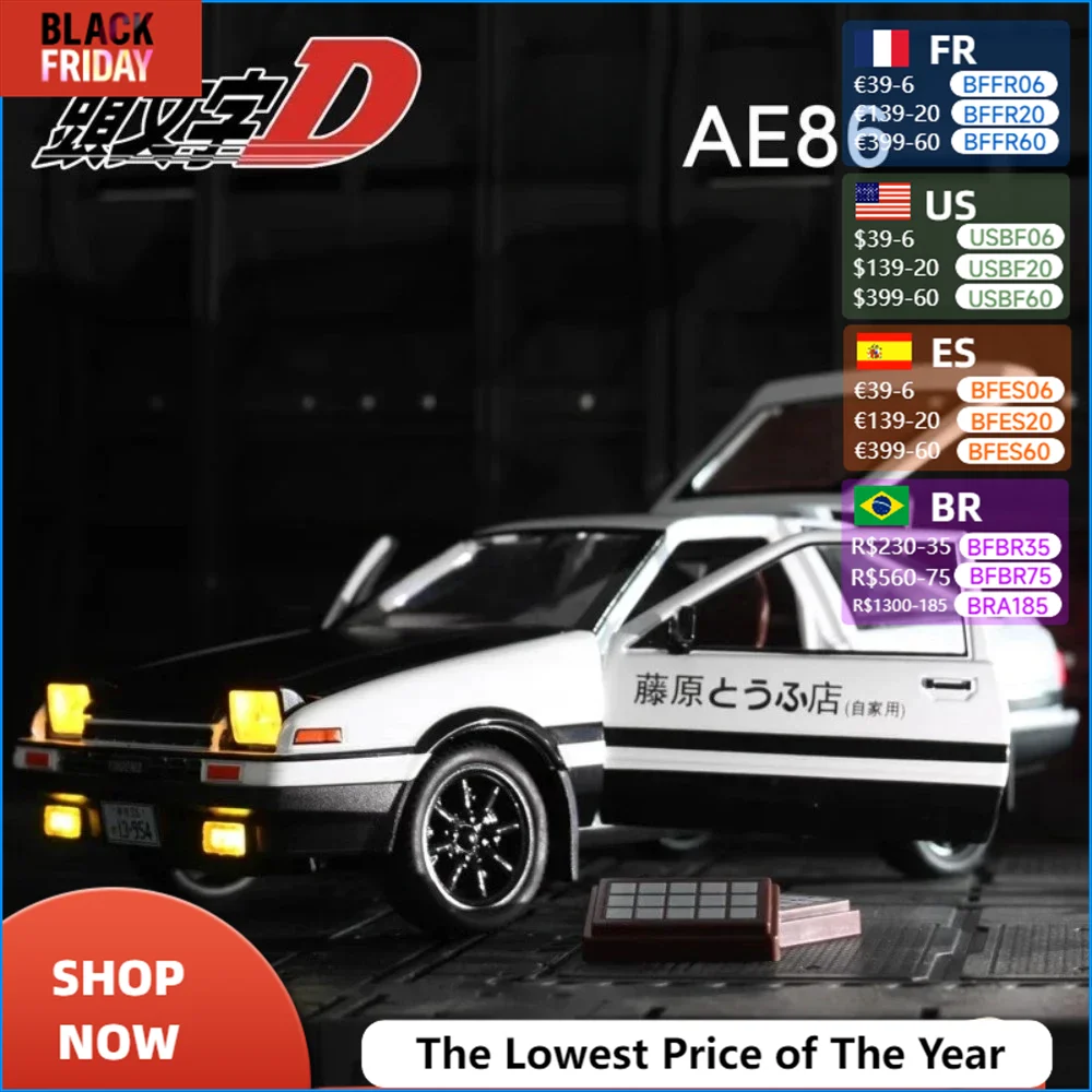 1:24 Initial D Toyota Trueno AE86 Alloy Diecast Car Model Sports Car Toys For Kids Adults Pull Back Vehicles Toy Cars Black Hood