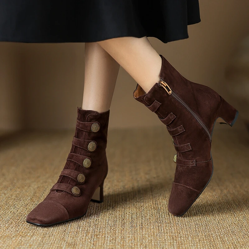 NEW Autumn/Winter Women Boots Sheep Suede Leather Shoes for Women Square Toe Chunky Heel Shoes Zipper Modern Boots Button Shoes