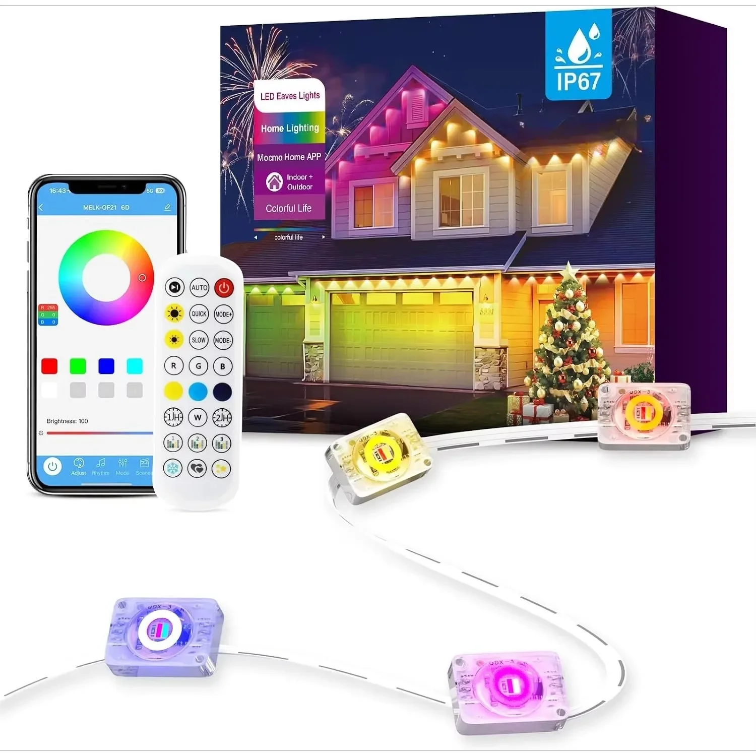 RGB+IC Permanent Outdoor Lights, 100 Modes 16M Colors IP67 Waterproof Smart App Remote for Christmas Halloween