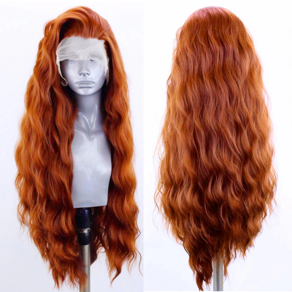 

Copper Red Synthetic Lace Front Wig Long Natural Wavy Synthetic Lace Wigs For Women High Temperature Fiber Hair Makeup Wigs