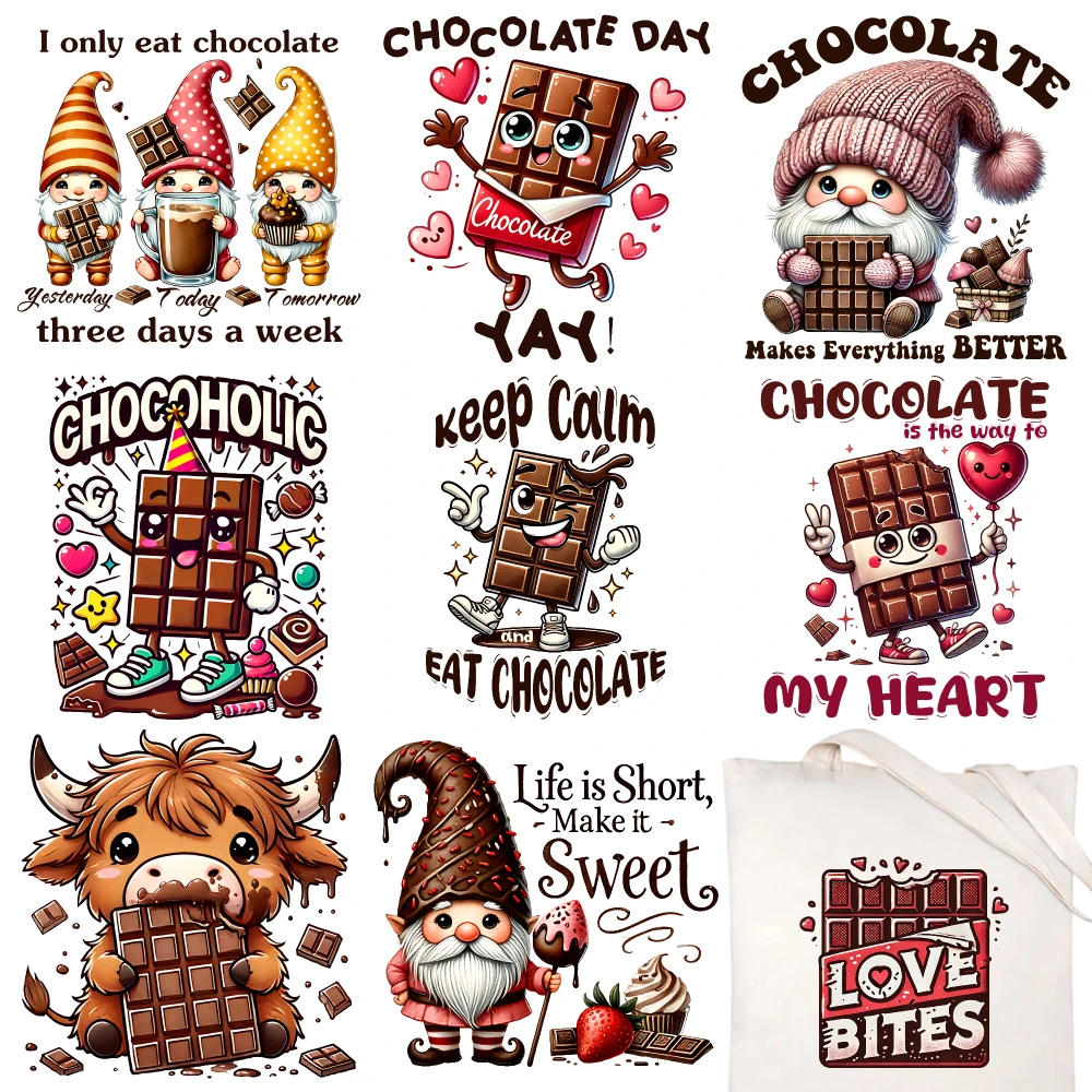 9 Pcs Chocolate Gnome Iron on Transfers casual style. Washable heat transfer stickers for clothing, T-shirts, jeans, backpacks,