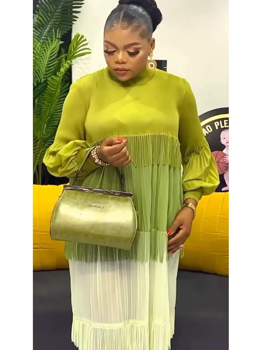 

Miyake Tassel Patchwok Color Block Dress for Women Pleated Puff Sleeve Mid-calf Dresses Fashion Female 2024 Autumn New