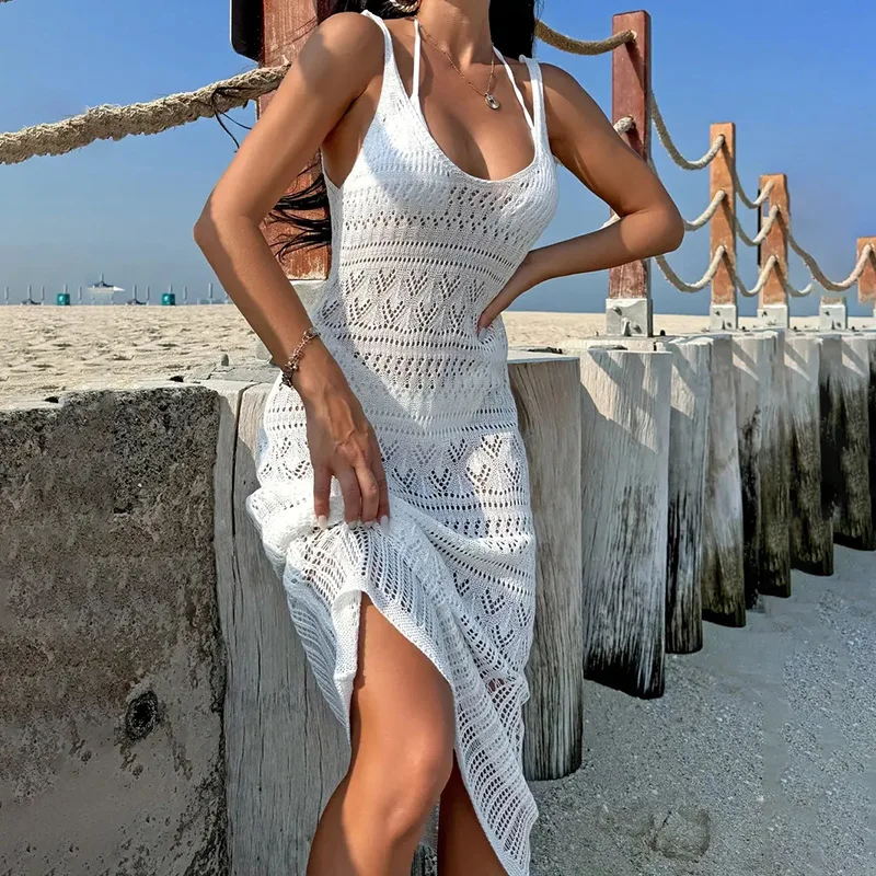 Women's Fashion Long Dress Beach Cover Up Sexy Transparent Sleeveless Knitted Gown Cross-Border European And American Style