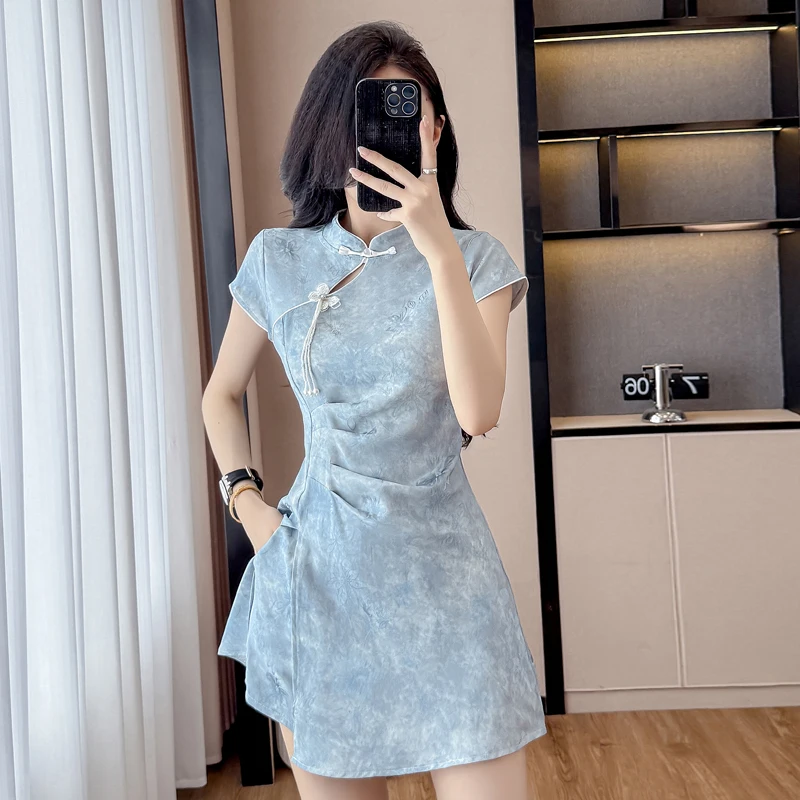New Chinese Style Cheongsam Set Jacquard Stretch Dress + Shorts Ruched Slit Short Design Dresses Outfit Female 2026 New Suits view 6