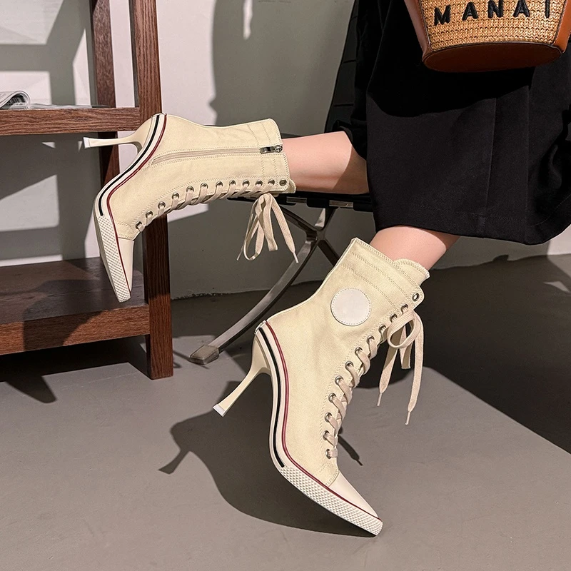 Pointed Canvas High-Heel Ankle Boots Vintage Lace-Up Side Zipper Slim Heel Niche Design Hot Girl Mid-Calf Boots view 3