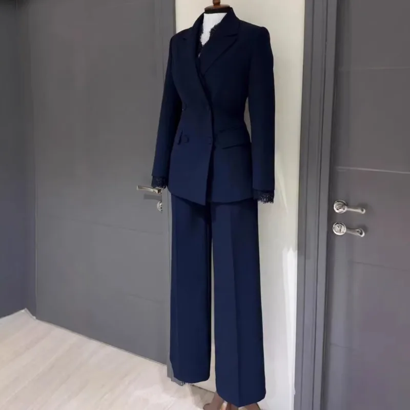 Elegant Women Two Piece Business Suit Lapel Double‑Breasted Blazer With Lace Splicing Straight Trousers Formal Office Co‑Ord Set