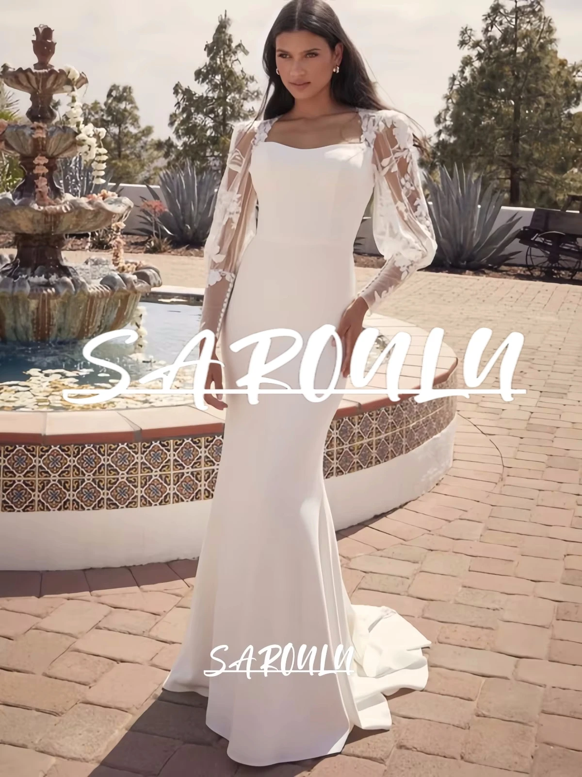 

Chic Satin Wedding Dress for Women 2025 with Long Illusion Sleeved Elegant Simple Square Neck Customized Long Bride Dresses