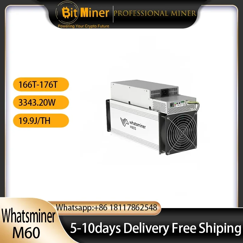 New Whatsminer M60 166T/168T/170T/174T/176T/178T 19.9W SHA-256 algorithm ASIC Miner BTC Bitcoin Miner With PSU