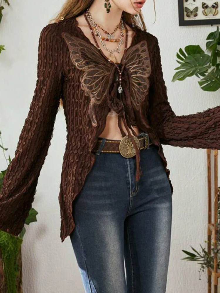 Rockmore Lace Butterfly Patchwork Cardigan Top for Women Y2K Aesthetics Brown Bandage Long Sleeve T Shirts Grunge Fairycore