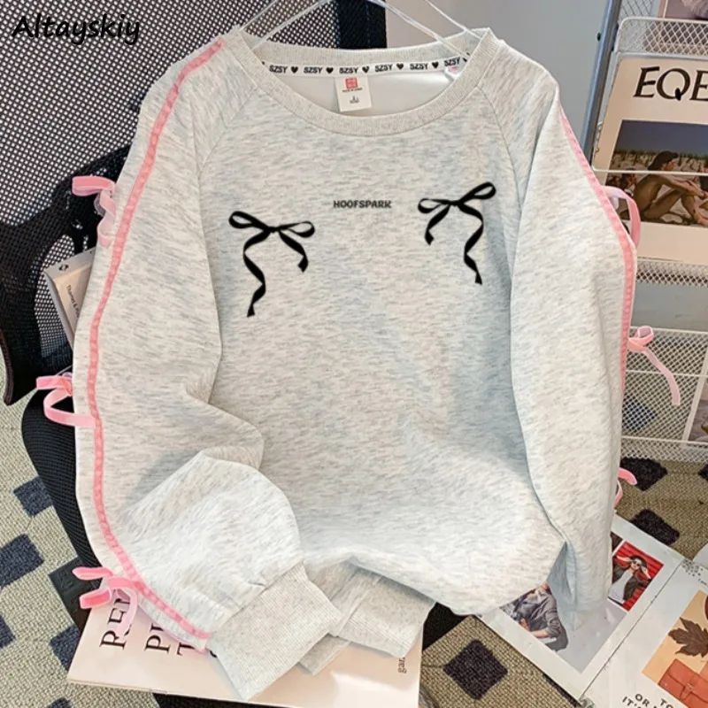 

Ulzzang Hoodies for Women Long Sleeve Loose Bow Chic Striped Ins Sweet Cool Girls College O-neck Simple Spring Autumn Clothing