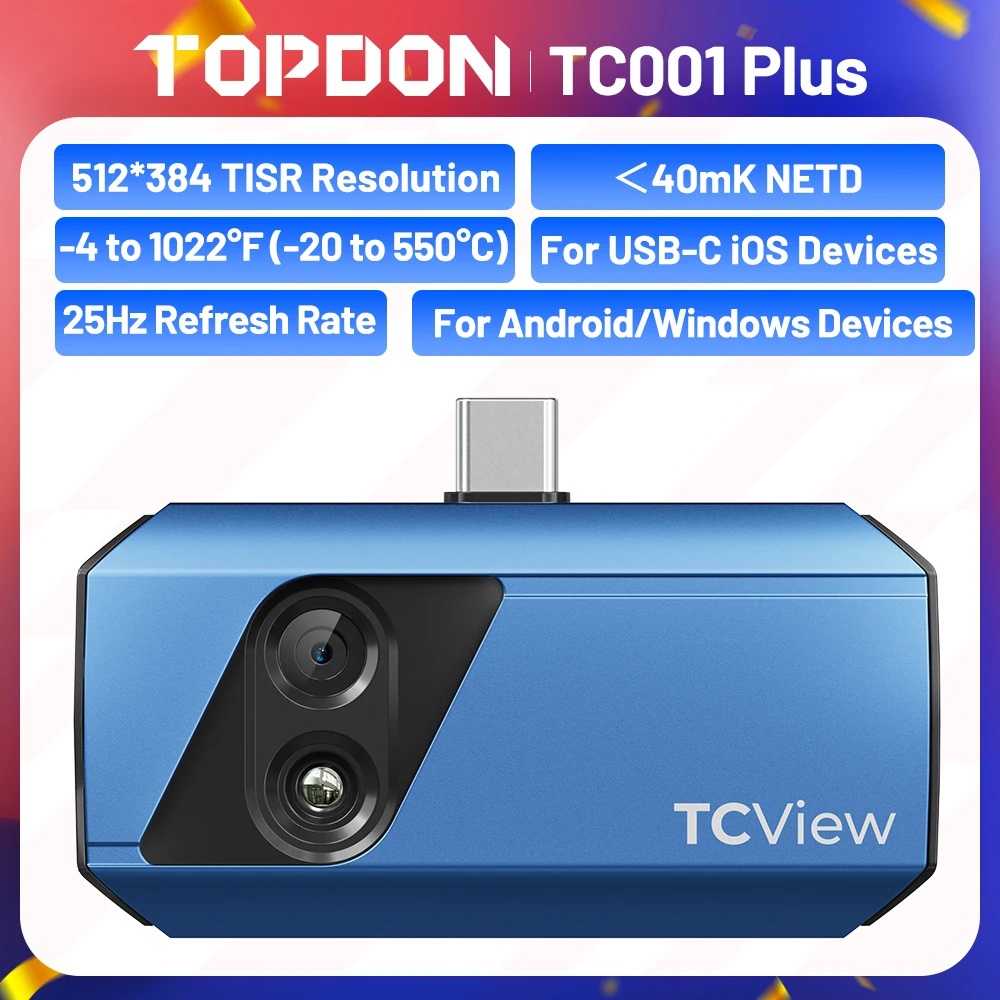 TOPDON TC001 Plus Termocamera 256*192 Pixel 100W Obiettivo a luce visibile Palmare a infrarossi ad alta risoluzione per tablet Android
