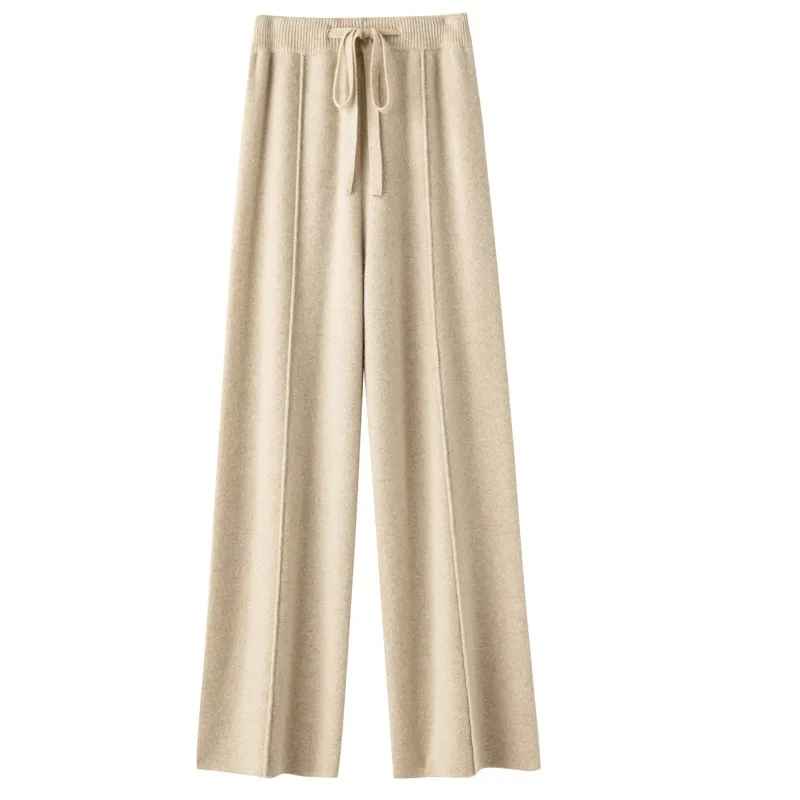 New Arrival Women High Waist Wide Leg Pants For Autumn Winter Thick Warm Solid Basic Casual Trousers 100% Merino Wool Knitwear