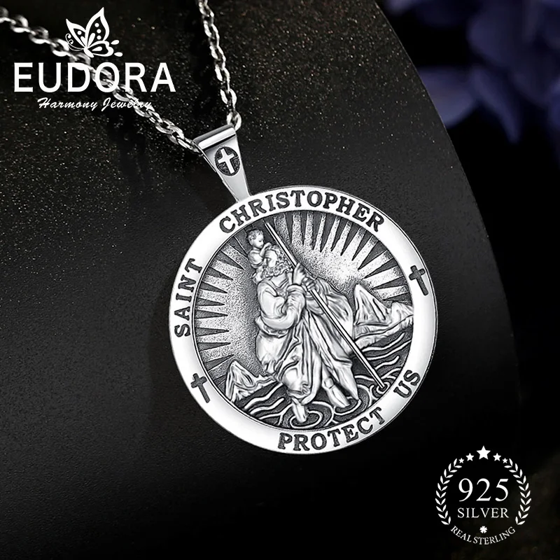 

Eudora Saint Christopher Necklace 925 Sterling Silver Catholic Amulet Cross Pendant Vintage Medallion Religious Jewelry for Men