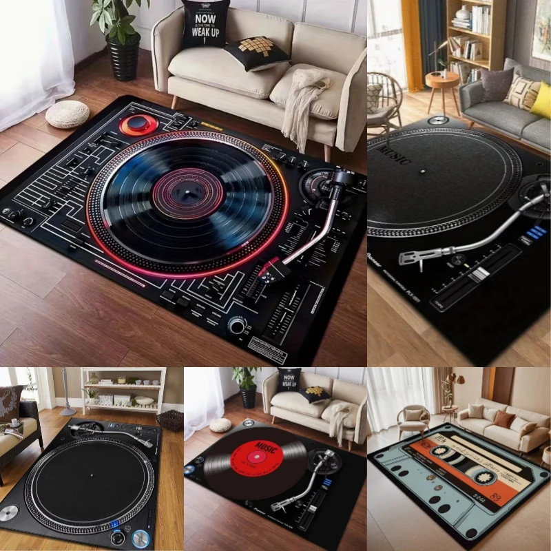 Retro Vinyl Record Player Design Anti Slip Pad Machine Washable Floor Mat Suitable Living Room Bedroom Office Carpet