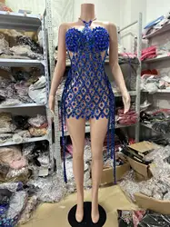 Sparkly Sequins Fringes See Through Mesh Two Pieces  Short Party Dress Luxury Women Sexy Halter Evening Prom Gowns Gala Frock