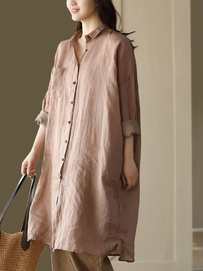 Retro algodão linho irt tamanho grande feminino cor pura k estampado comprimento médio único ket aberto cardigan outono nova chegada