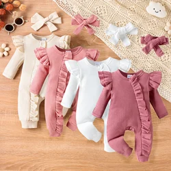 2PCS Autumn New Style 0-1 Year Old Girl Baby Sweet And Cute Solid Color Flying Sleeve Waffle Long-Sleeved Jumpsuit + Hair Band