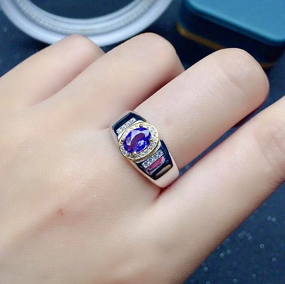 

Fashion 925 Silver Man Ring for Party 0.7ct 5mm*7mm VVS Grade Natural Tanzanite Ring for Man Real Silver Tanzaite Jewelry