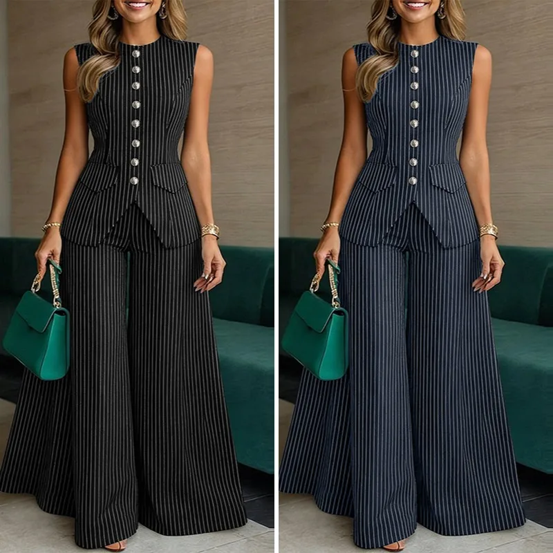 ZANZEA Women Sleeveless Vest Tops & Wide Leg Pant Summer Striped 2 Pieces Sets Elegant OL Work Outfits Fashion Commuting Suit