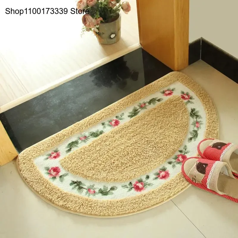 Half Circle Pastoral Style Rose Floor Mat Bathroom Anti Slip and Absorbent Carpet Bedroom Door Mat