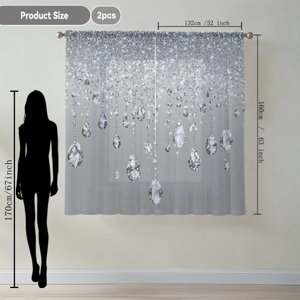 2Pcs Gray Bottom Droplet Shaped Diamond Print Home Decoration Window Screens Suitable For Kitchen, Coffee Shop, Restaurant