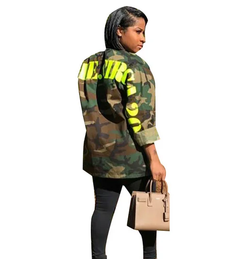 Women\'s Green Camouflage Long Jackets Long Sleeve Camo Streetwear Coat femme