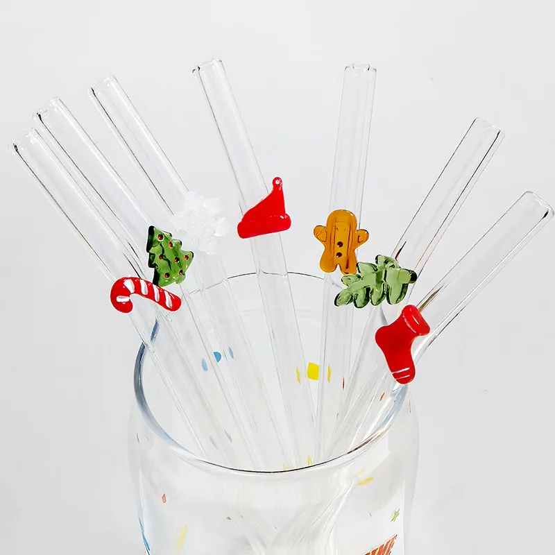 7Pcs Reusable Straws Clear Glass Straws Transparent Christmas Design with Cleaning Brush for Smoothies Milkshakes Juices