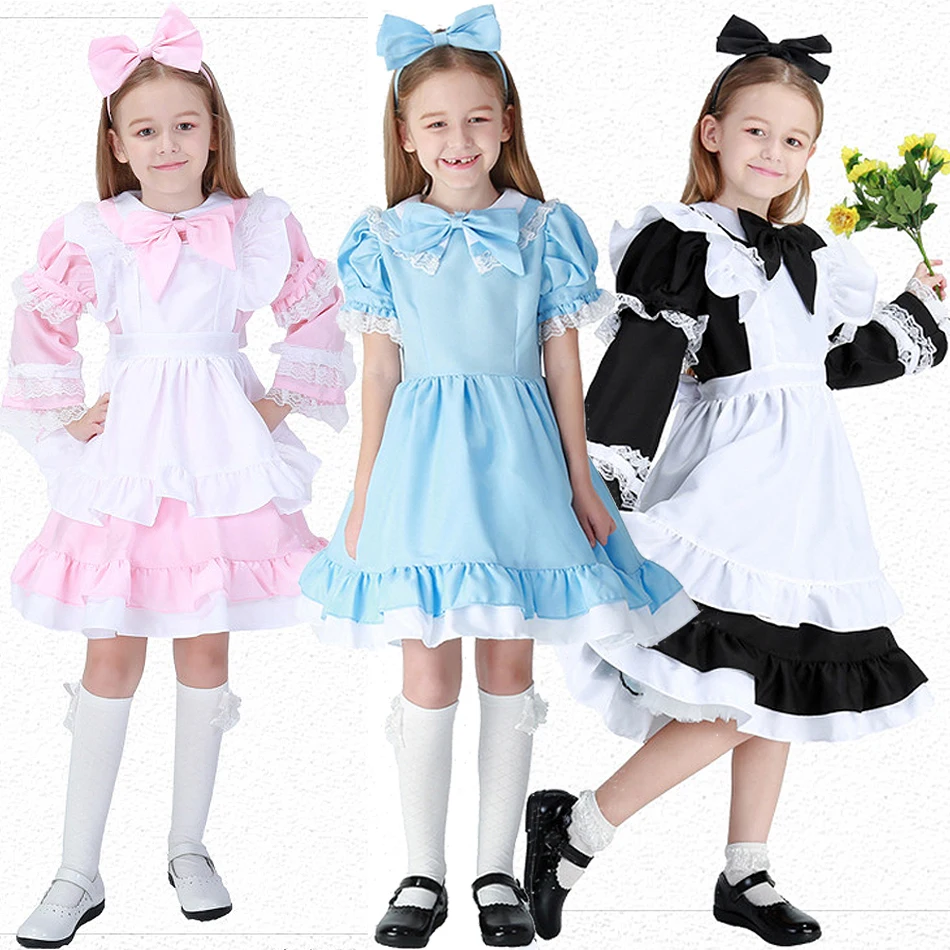 

Girl Alice Wonderland Cosplay Princess Dress Kids Performance Costume Adult Blue Black Pink Lace Bow Maid Outfit Carnival Frocks