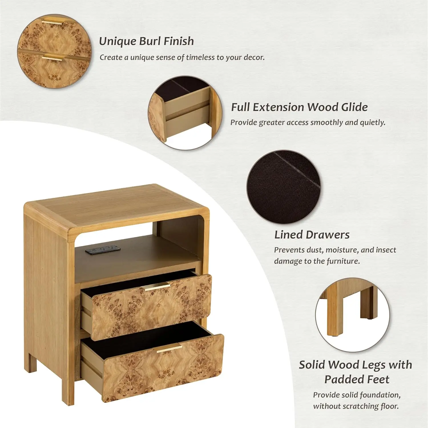 Farmhouse Nightstand With Charging Station, Side Table With Power Outlet And Usb & Type C Ports, Wood Bedside Table For