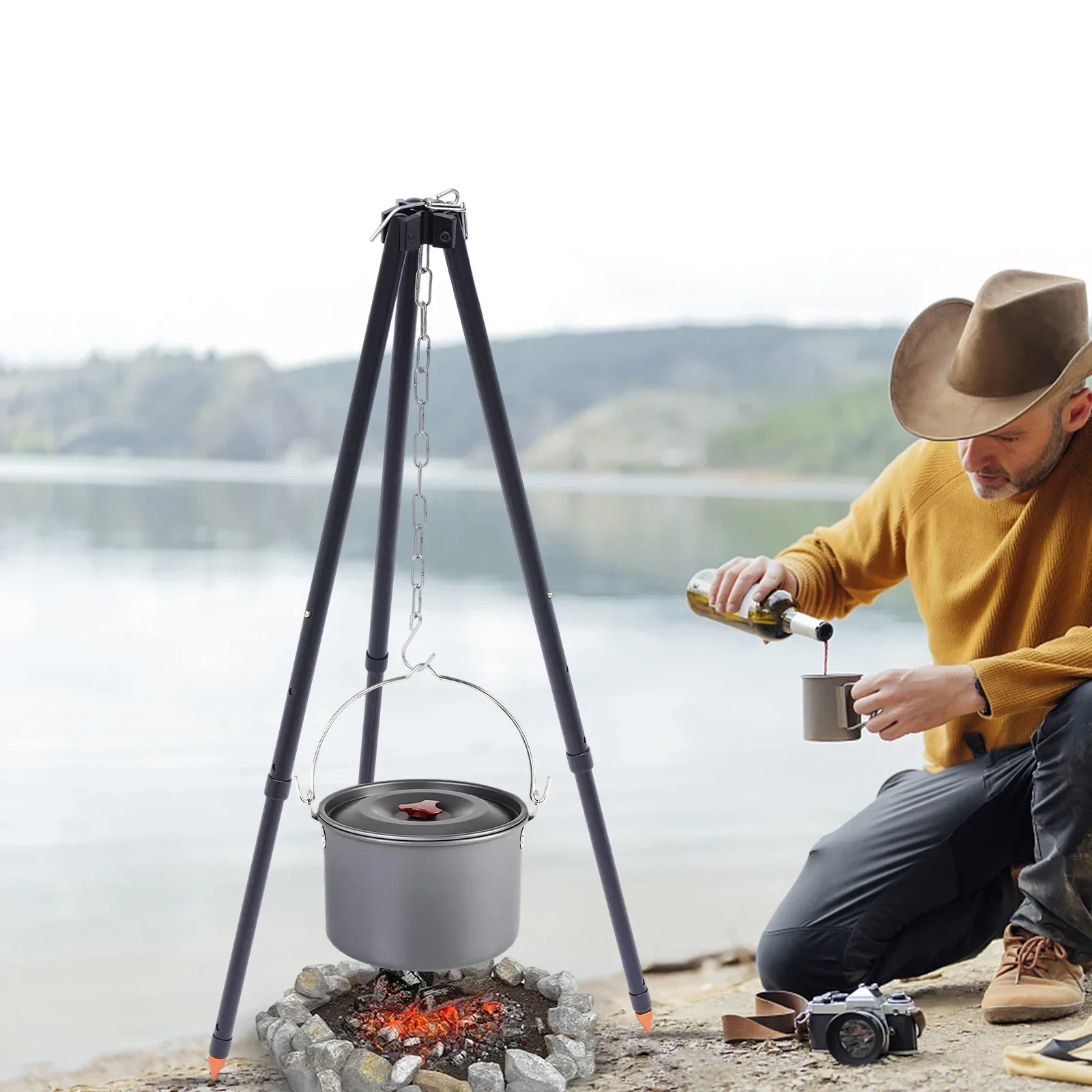 Camping Tripod Lantern Tripod Hanger with Storage Bag for Outdoor ActivitiesStainless Steel Triangle Hanging Pot Rack