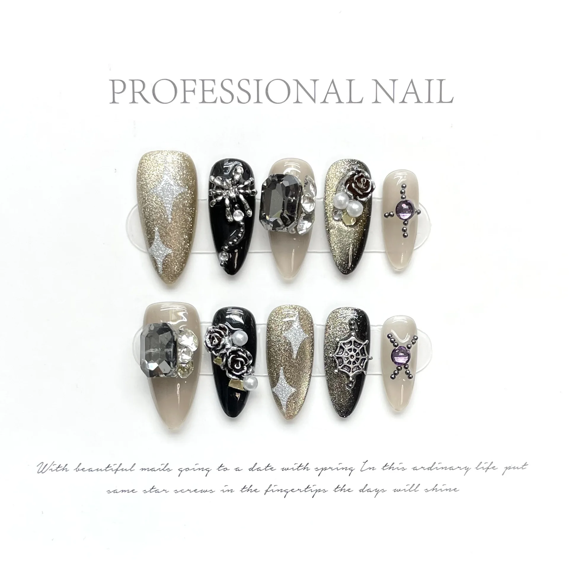 long Almond Pointed Punk Handmade Press On Nails Advanced Wearable INS Style Fake Nail Vintage Glitter Designed Nail Art